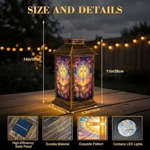Solar Lantern Outdoor Waterproof Stained Glass Cross Radiant Light Spring Flowers Garden Decor LED Hanging Solar Lights Tabletop Lamp Gifts for Women Mom Outside Yard Patio Porch - Image 2