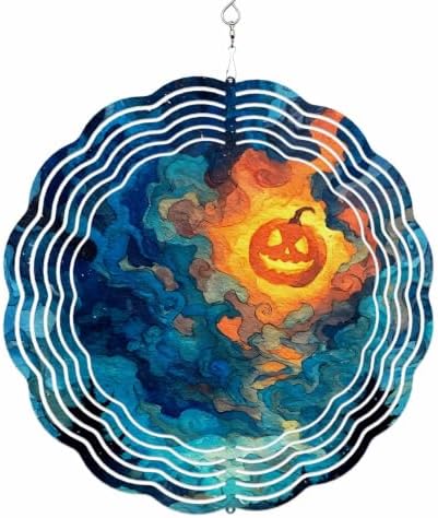 12 Inch Halloween Wind Spinner for Yard and Garden, Blue Night Sky Mystical Glowing Pumpkin Hanging Ornaments Outdoor 3D Kinetic Wind Sculpture Spinners Indoor Outdoor Patio Décor Ornaments Gift by Unknown
