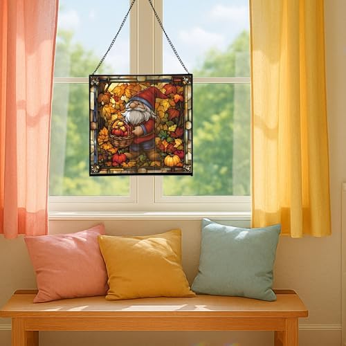 Autumn Harvest Gnome Stained Glass Suncatcher – Square Hanging Window Panel for Home or Greenhouse – Whimsical Glass Art Gift for Garden Lovers, Christmas, Halloween, Father Days NXugt7 - Image 5