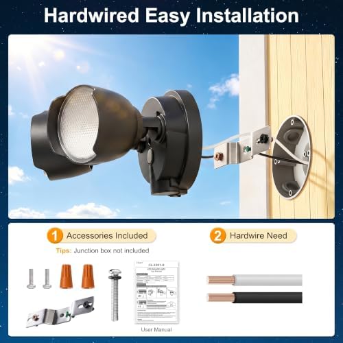 2 Packs 15W LED Flood Light Outdoor, 1500 Lumen Exterior Security Lights, 3000K/5000K Light, IP65 Waterproof, Dual-Head Wall/Eave Mount Flood Lights Energy Saving for Garage, Patio, Yard (Black) - Image 5