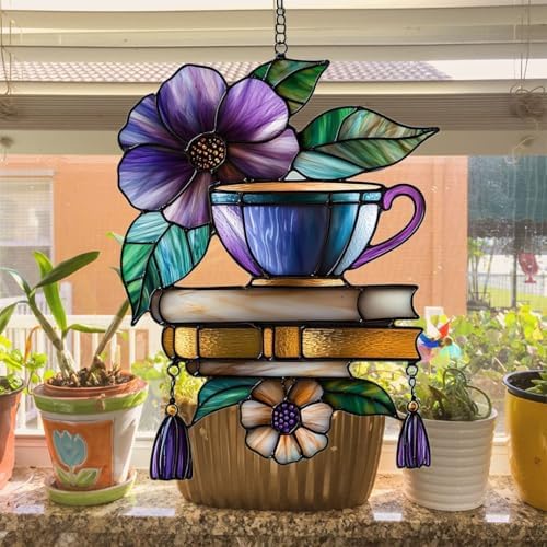 Hibiscus Tea Cup and Books Acrylic Suncatcher - Image 4