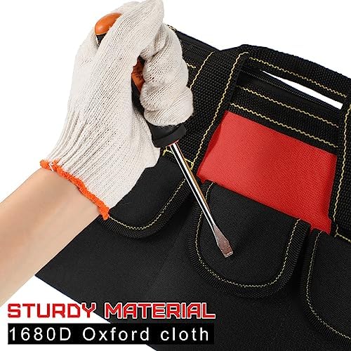 4 Pieces Tool Bag with Waterproof Strong Molded Base Multi Pockets Wide Mouth Tool Tote Multifunctional Tool Bag Large Capacity Organizer Heavy Duty Tool Storage Bag (Red,13 Inch) - Image 4