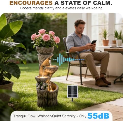 35.5" H Solar Water Fountain Outdoor with LED Lights, 4-Tier Cascading Garden Fountain with Planter Pots, Solar Powered Waterfall for Patio Yard Porch - Image 5