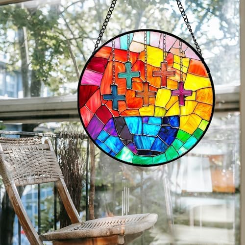 Stained Glass Window Hanging - Abstract Colorful Cross Sun Catcher for Door Terrace Garden Home Decor, Orange Red Suncatcher Birthday Gifts for Lovers Women Men Dad Mom Nana 9.8 in - Image 4