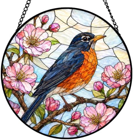 Robin and Cherry Blossom Stained Glass Window Hanging with Metal Chain by Unknown