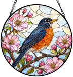Robin and Cherry Blossom Stained Glass Window Hanging with Metal Chain by Unknown