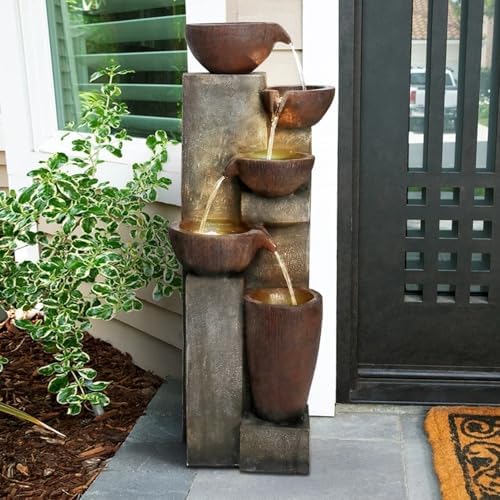 SunJet 5-Tier Cascading Indoor/Outdoor Water Fountain with LED Lights - 39.7" High Large Waterfall Floor Standing Fountain for Garden, Patio, Yard, and Deck Decor - Relaxing Outdoor Water Feature - Image 2