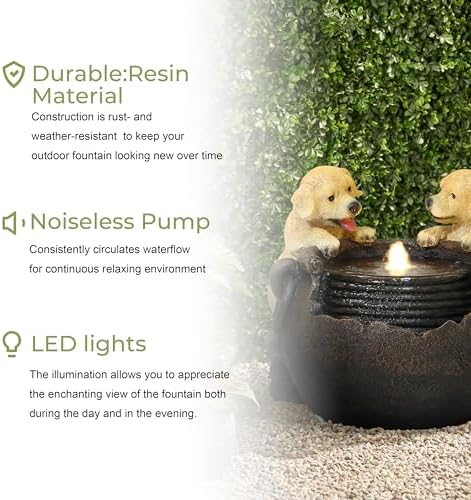 LuxenHome 16 Inch Puppies Resin Outdoor Water Fountain with LED Lights - Image 5