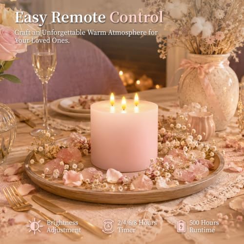 Amagic 3 Wick Extra Large Flameless Pillar Candles with Timer Remote, Pink - Image 4