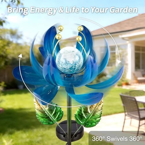 AIINY Solar Garden Lights Metal Flower Decor, Colorful Lotus Pathway Spinning Windmill with LED Cracked Crystal Ball Outdoor Decorative Stake Lighting Waterproof Flower Sculpture for Patio Yard - Image 4