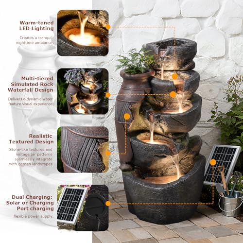 31.7" Tall Rock Solar Water Fountain Outdoor Waterfall - Image 3
