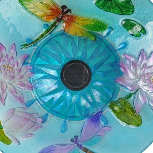 Teamson Home Handpainted Dragonfly Fusion Glass Solar Birdbath Bowl Feeder with LED Light for Outdoor Patio Garden Backyard Decking Decor, 21 Inch Height, Light Blue - Image 6