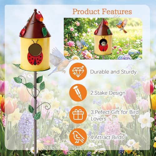 Frienda 57 Inch Bird Houses for Outside with Pole, Durable Metal Wild Bird Feeder with Stand, Decorative Ladybug Birdhouse Stake Easy to Install for Attract Birds Garden Patio Decor - Image 3