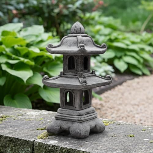 OLOMA Japanese Two Levels Concrete Garden Lantern Cement Pagoda Handcrafted Statue Outdoor Asian Zen Decor Stone Weather Proof Ornament Meditation Space Accent - Image 3