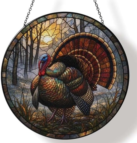 Autumn Wild Turkey Stained Glass Suncatcher 9.8" Colorful Window Hanging Ornament, Retro Sun Catcher Decor with Chain for Home Wall Garden Birthday Christmas Mothers Day by FeHuew