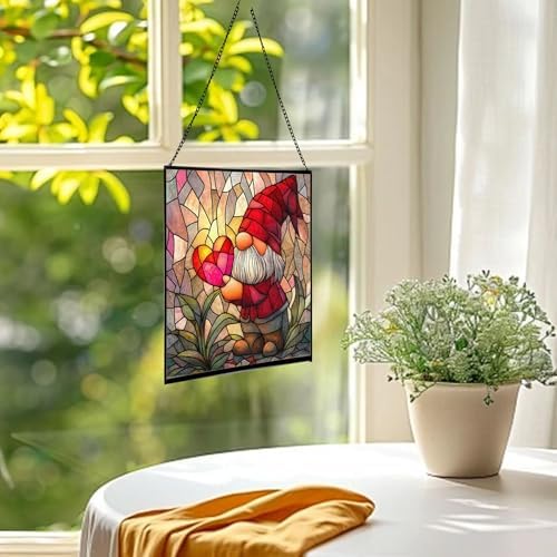 Valentine Gnome Hug Stained Glass Suncatcher – Square Hanging Window Panel for Home or Greenhouse – Whimsical Glass Art Gift for Garden Lovers, Christmas, Halloween, Father Days PHaf2k - Image 3
