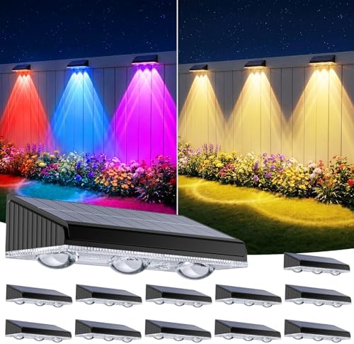 Solar Fence Lights Outdoor 12 Pack, Upgraded Brightness 3X LED Lens Fence Lights Solar Powered, 9 Fixed Colors & RGB Lights, IP65 Waterproof Solar Lights for Outside Backyard/Railing/Step/Patio by BONLION