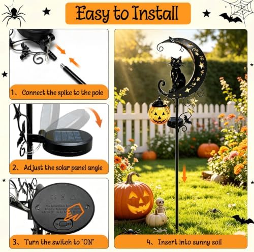 Solar Halloween Black Cat Pumpkin Moon Garden Stake Light Outdoor Decor 2Pk - Image 5