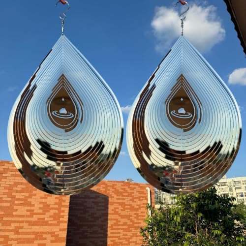 Hanging Wind Spinners,3D Water Droplets Shape Highly Reflective Stainless Steel Outdoor Garden Decor, Decorations to Scare Away Yard Birds 11.4inch 2Pcs by kexsscai