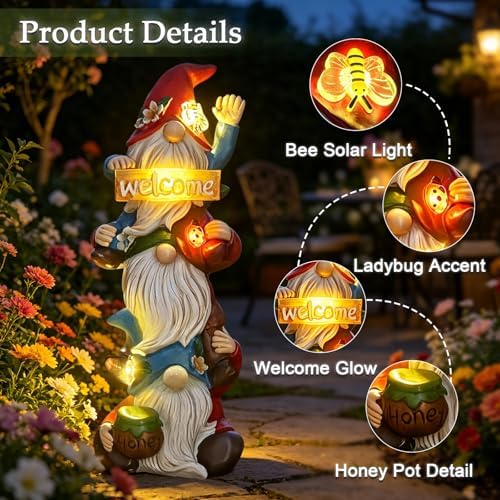 Garden Gnome Statue Solar Lights, Funny Faceless Triple Gnomes Sculptures Spring Decorations Outdoor Porch Patio Lawn Yard Art Balcony Home Decor Figurine, Birthday Gifts for Woman Mom Grandma - Image 3