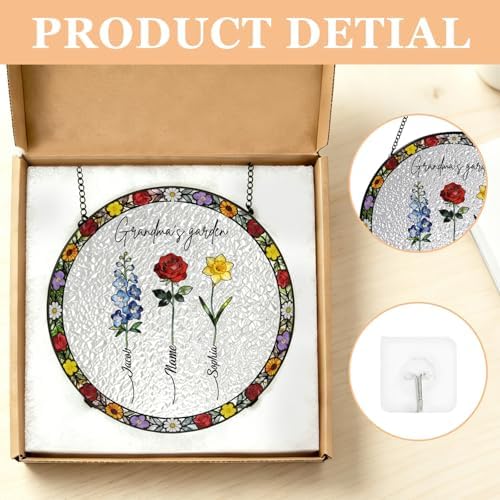 Personalized Grandma's Garden Stained Glass Suncatcher Birth Month Flowers Glass Sun Catcher, Custom Mom's Garden Window Hanging, Mothers Day Grandma Mom Ornament Gifts for Nana Women 11.81" - Image 6
