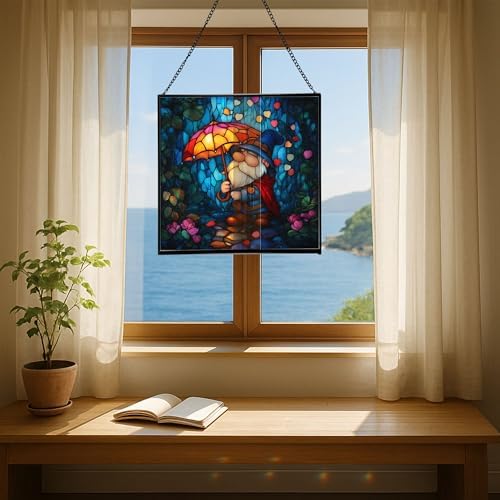 Gnome and Umbrella Petal Shower Stained Glass Suncatcher – Square Hanging Window Panel for Home or Greenhouse – Whimsical Glass Art Gift for Garden Lovers, Christmas, Halloween, Father Days ehmBik - Image 6