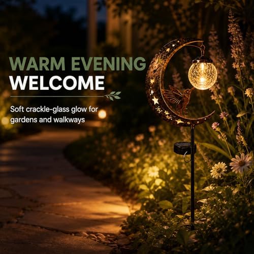 Hummingbird Solar Garden Stake Light, Half Moon Outdoor Decor with Crackle Glass Globe, Water Resistant Metal Yard Lamp for Patio Pathway Lawn (3PCS) - Image 3