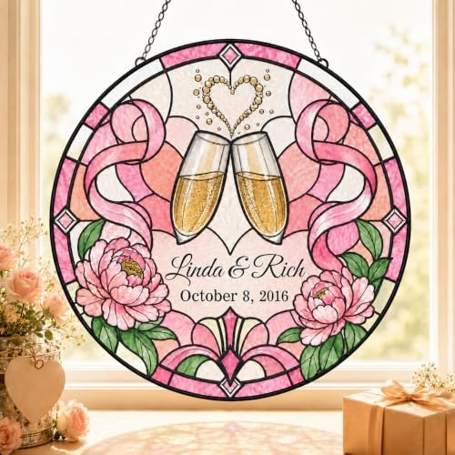 Personalized Couple Anniversary Suncatcher Hanging Ornament, Floral Love Window Hanging Custom Anniversary Wedding Couple Gift for Wife Husband Wedding Keepsakes Home Decor Bride Groom 11.81" by Unknown