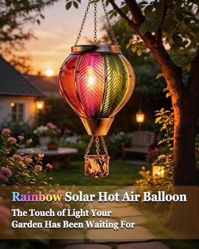 Hot Air Balloon Solar Lantern, Rainbow Glass Solar Light, Garden Decor - Image 2