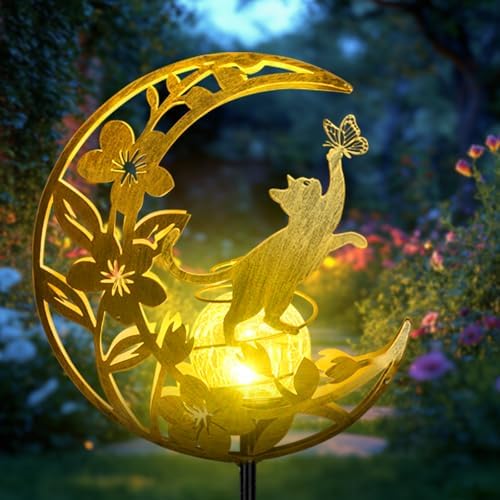 Cat Lights Outdoor Decor - Moon & Cat Sola Garden Lights Waterproof, Auto On/Off Pathway Lighting for Yard/Lawn/Patio, Handcrafted Metal Solar-Stake-Lights for Outside Decorations by ShangTianFeng