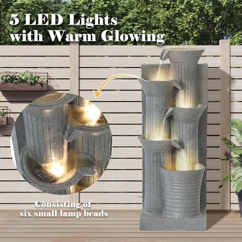 24" H Water Fountain Outdoor, 5-Tiers Cascading Resin Garden Fountains, Indoor Waterfalls Fountain with LED Lights, Bamboo-Shaped Bird Bath Fountains for Patio, Balcony, Yard (Light Gray) - Image 4