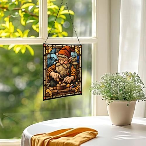 Gnome with Wooden Toys Stained Glass Suncatcher – Square Hanging Window Panel for Home, Garden, Nursery, Halloween, Christmas, Memorial Day – Whimsical Glass Art Gift for Gnome Lovers q52w30 - Image 3