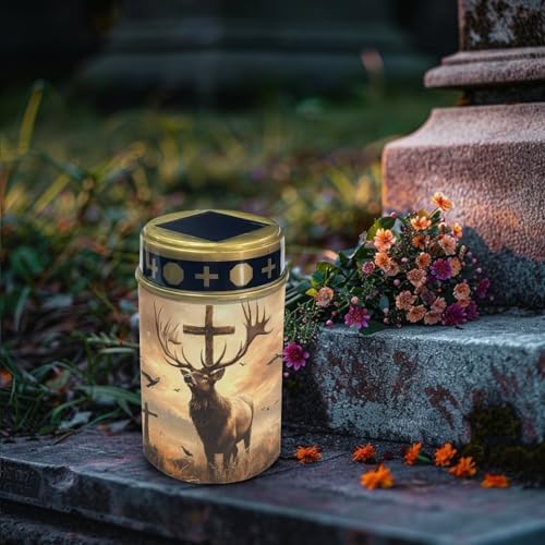 Poceacles 2 Pack Cross Solar Lights Cemetery Solar Lights for Grave Solar Candle Solar Lantern Light Walkway Lights Waterproof Landscape Lighting for Loss of Loved One, Deer Cross Dove of Peace Brown - Image 3
