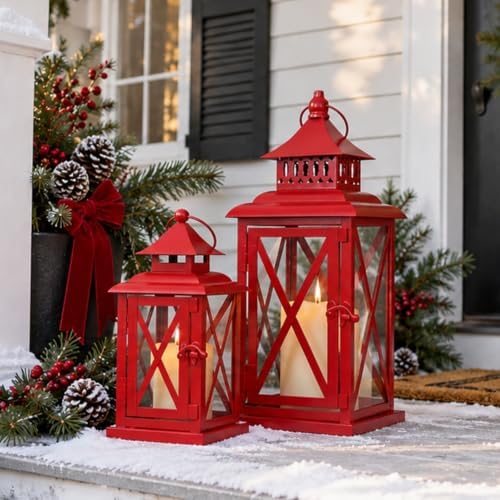 NEEDOMO Christmas Lanterns, Set of 2 Red Candle Lanterns for Porch, Large Vintage Metal Lanterns, Farmhouse Christmas Decor for Patio, Fireplace Mantel, Table, Pathway & Garden by NEEDOMO-LightUpYourSpace