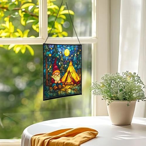 Night Camp Gnome Stained Glass Suncatcher – Square Hanging Window Panel for Home or Greenhouse – Whimsical Glass Art Gift for Garden Lovers, Christmas, Halloween, Father Days zeJ7nJ - Image 3