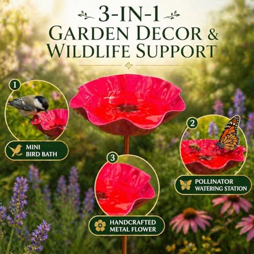 Handmade Metal Flower Garden Stake with Bee Bath & Bird Water Bowl, Weather-Resistant Butterfly Pollinator Watering Station, Decorative Outdoor Yard Art, Garden Decor Gift (4PCS（C）) - Image 3