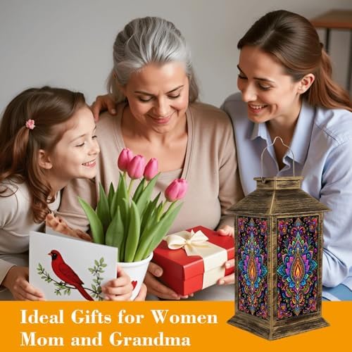 Solar Lantern Outdoor Waterproof Sea Turtle Aztec Mandala Ornament Traditional Floral Vintage Painting Garden Decor LED Hanging Solar Lights Tabletop Lamp Gifts for Women Mom Outside Yard Patio Porch - Image 4