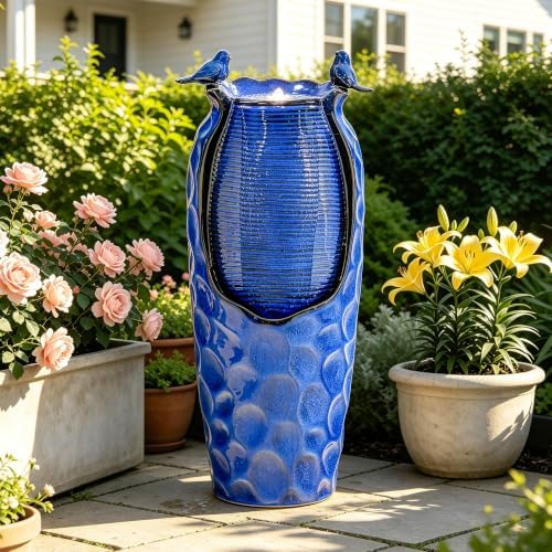 Autodaya 33" Vase Ceramic Outdoor Water Fountain with Lights and Birds - Image 2