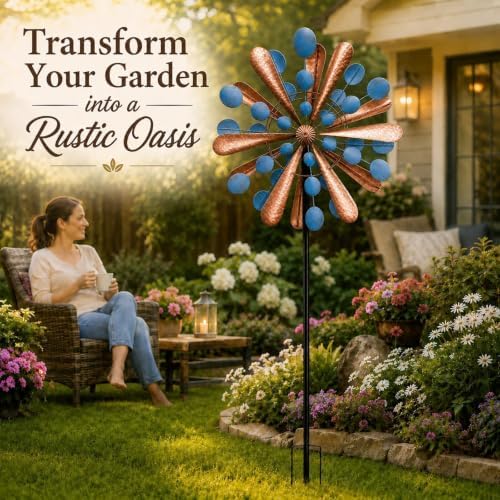75in Metal Wind Spinner with Solar Light Outdoor Garden Yard Art Decor - Image 7