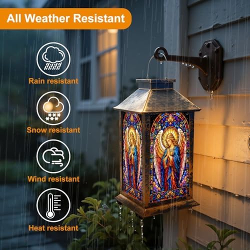 Solar Lantern Vibrant Stained Glass Art Praying Angel Garden Hanging Lantern Waterproof Solar Powered Lighting Outdoor Table Lamp for Patio Yard Memorial Gifts Grave Decorations for Cemetery - Image 4