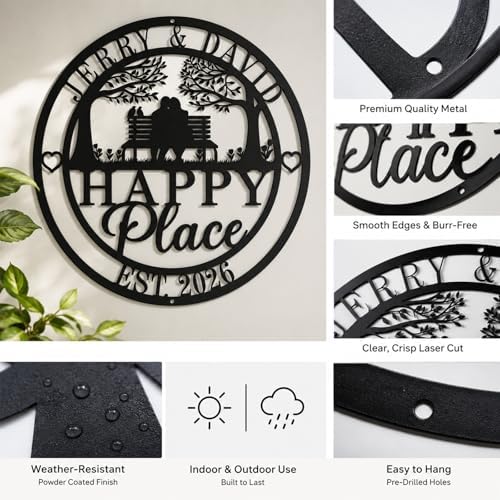 Personalized Happy Place Metal Sign, Custom Anniversary Wedding Gift for Couples, Metal Couple Sign with Names and EST Year, Metal Wall Decor for Home Porch Living Room Bedroom, Housewarming Gifts New Home - Image 4