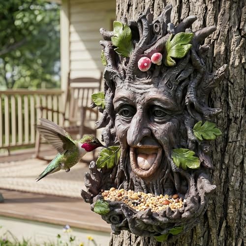 12" Real Tree Face Hugger Statue, Outdoor Garden Resin Bird Feeder Sculpture with Foliage Features, Fairy Elve Accent Yard Art, Halloween Trees Decorations Outdoor Wall Mounted Statue - Image 2