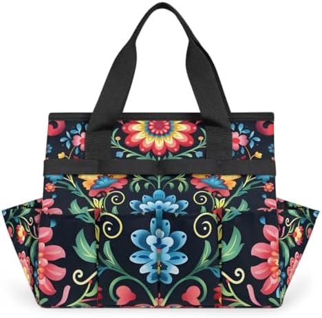 Mexican Flowers Garden Tool Bag, Garden Tote Storage Bag with 10 Pockets, Indoor and Outdoor Colorful Mexican Gardening Tool Organizer for Women Men by CURLYOOT