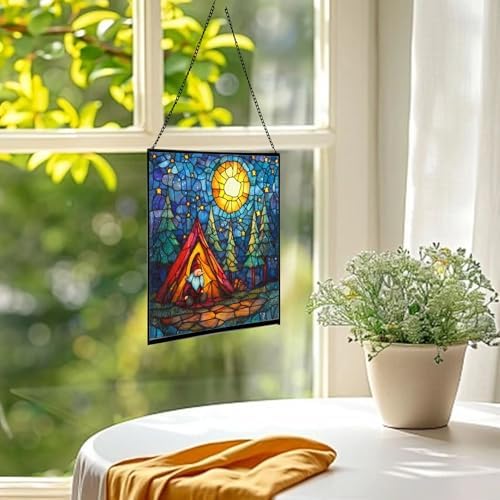Night Camp Gnome Stained Glass Suncatcher – Square Hanging Window Panel for Home or Greenhouse – Whimsical Glass Art Gift for Garden Lovers, Christmas, Halloween, Father Days YYXOkZ - Image 3