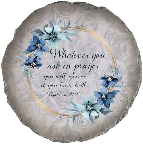 Magnolia Garden 10-Inch Matthew 21:22 Scripture Decorative Stepping Stone – Ask in Prayer Resin Garden Tile – Blue Floral Religious Outdoor Accent by DicksonsGifts