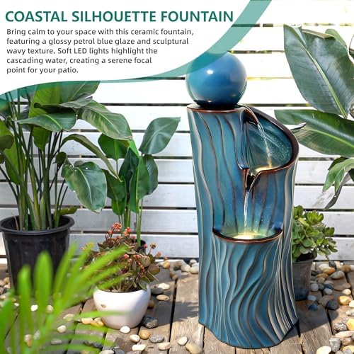 32" H Ceramic Outdoor Water Fountain, Art Sphere Dynamic Wave-Texture - Image 3