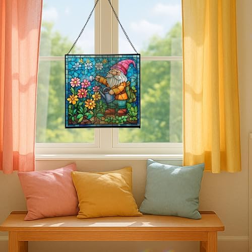 Gnome with Watering Pot Stained Glass Suncatcher – Square Hanging Window Panel for Home or Greenhouse – Whimsical Glass Art Gift for Garden Lovers, Christmas, Halloween, Father Days kgoPbt - Image 5