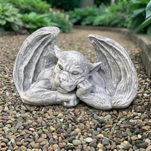 OLOMA Sleeping Winged Gargoyle Cement Sculpture Fantasy Gothic Garden Statue Mythical Creature Concrete Lawn Ornament Handcrafted Outdoor Decor Yard Art Garden Stone Weather Proof Figure by OLOMA