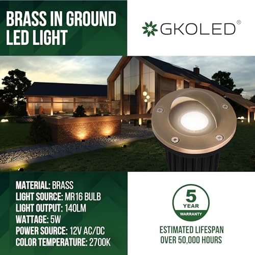 GKOLED LED Brass Well Lights, 12V In Ground Light Outdoor, IP67 Waterproof Low Voltage Landscape Lighting with MR16 Bulb and Swival Base, 5W 140LM 2700K, Up Light for Garden, Beacon Top, 12 Pack - Image 2