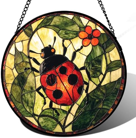 Ladybug Flower Stained Glass Window Hanging Suncatcher Gifts for Women 15" by amderven
